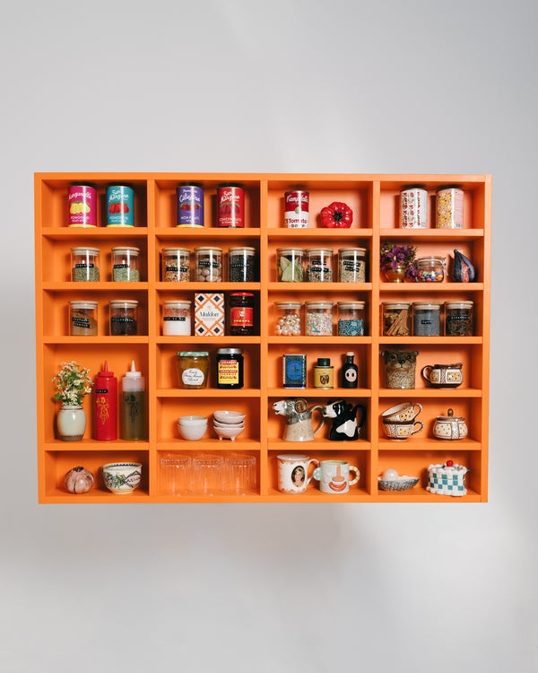 JW-Regal Orange 118cm hoch mit 20 Einlegeböden - Frontansicht